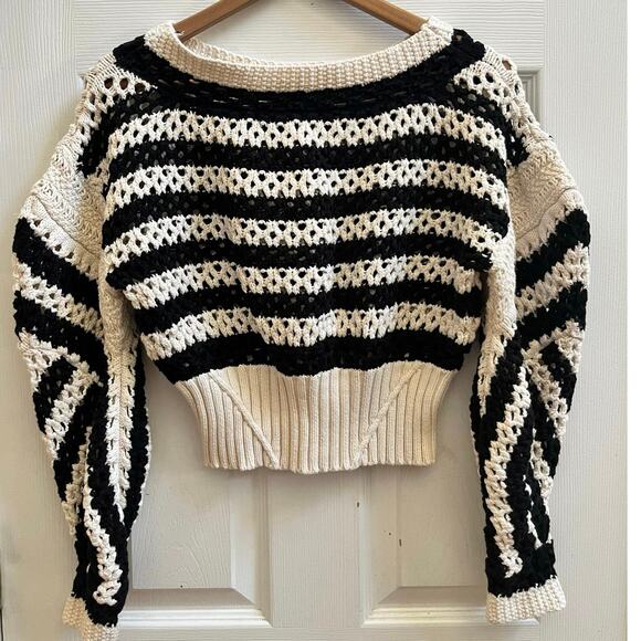 Zara Limited Edition Openwork Chunky Knit Striped Boho Chic Crop Sweater Medium - Picture 5 of 13